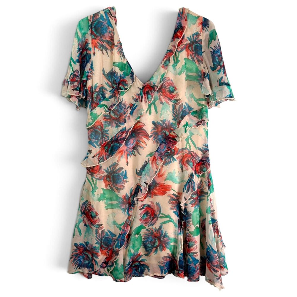 anthropologie floral ruffle mini dress ivory multicolor romantic boho v neck s - Picture 3 of 8